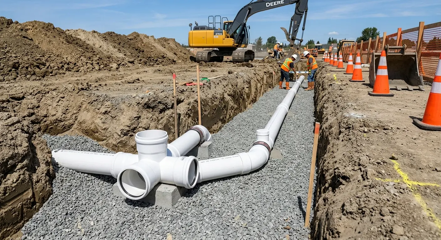 New PVC sewer pipe installation in open trench for Commercial Drain Cleaning in Monmouth