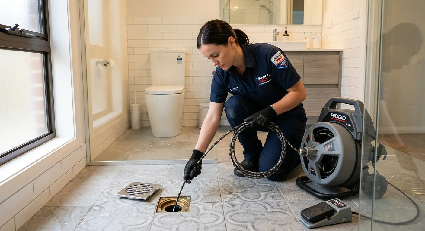 Technician clearing a bathroom floor drain for Clogged Drain Repair in Monmouth